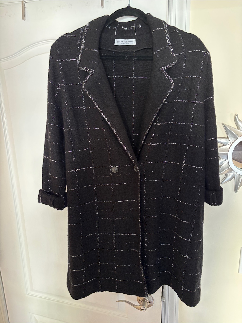 Amina Rubinacci Ladies Black Silver Windowpane 50% Wool Jacket-Xl